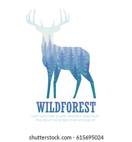 Silhouette of a deer with pine forest, blue and white colors background, vector illustration