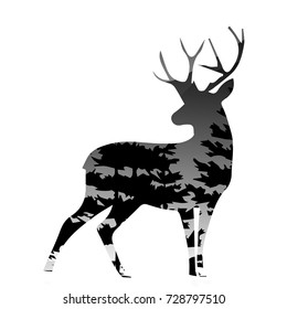 silhouette of a deer with pine forest white background, vector illustration