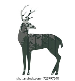 silhouette of a deer with pine forest white background, vector illustration