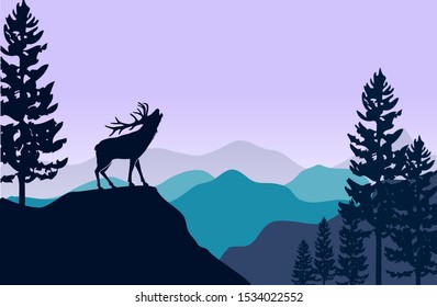 silhouette of deer and pine tree at Flat mountains landscape hills