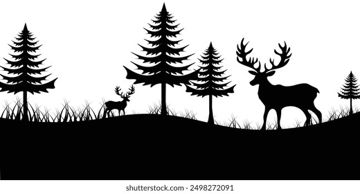 Silhouette of a deer with pine trees and forest scenery on white background, Deer silhouette, vector illustration