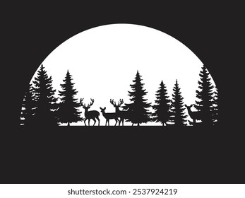 Silhouette of deer in pine trees and forest on white background