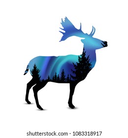 Silhouette of deer with pine trees on the background of blue sky. Northern lights.
