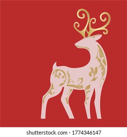 The silhouette of the deer postcard christmas red background.Vector illustration