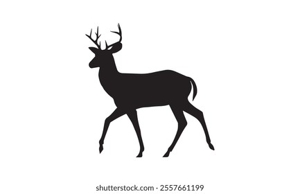 Silhouette of a deer with prominent antlers walking gracefully against a plain white background, symbolizing nature and wildlife.