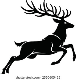 silhouette of a deer Reindeer with antlers , Black and white silhouette deer jumping vector art style with white background .