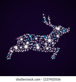 Silhouette of a deer. Shiny stars. Xmas card. Vector illustration. New year
