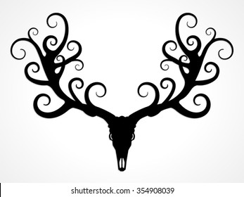 silhouette deer skull with ornamental antlers / illustration