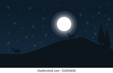 Silhouette of deer and snowflakes Christmas landscape