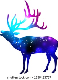 Silhouette of a deer with space galaxy background effect inside. Used clipping mask