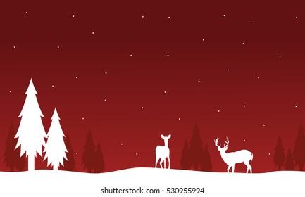 Silhouette of deer and spruce on red backgrounds