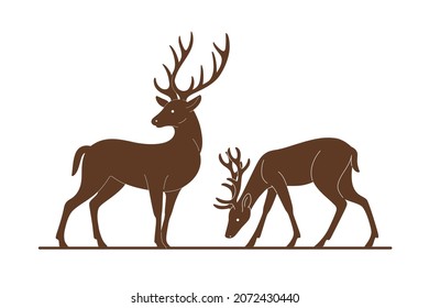 Silhouette of deer and stag. Detailed drawing of animal. 