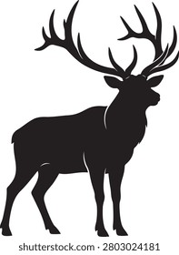 silhouette deer stag elk standing side view wildlife nature antlers isolated black white vector illustration graphic