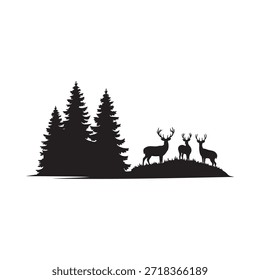 Silhouette of deer standing among a cluster of evergreen trees