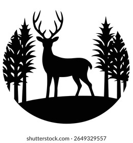 Silhueta de um veado de pé em uma clareira de floresta, estilo vetor mínimo, fundo branco