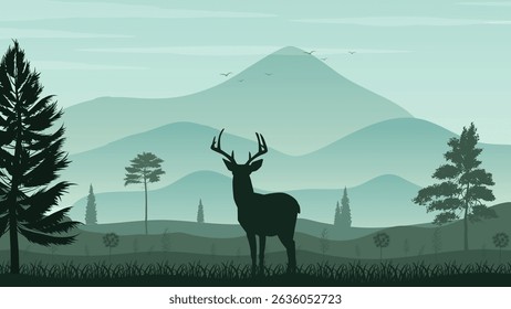 Silhouette of a deer standing in a forest with mountain background. Minimalist vector landscape with wildlife and nature scenery in green tones.