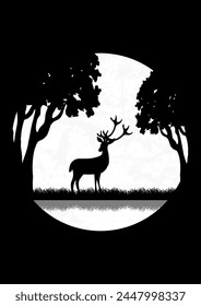 Silhouette of deer standing in night meadow. Magical misty landscape, full moon illustration.