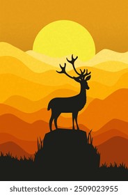 Silhouette of deer standing on the cliff in the dusk. Magical misty landscape, sunset gradient illustration