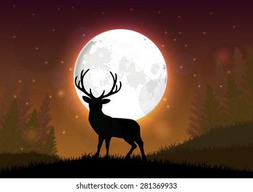 Silhouette of a deer standing on a hill at night with full of moon. Vector