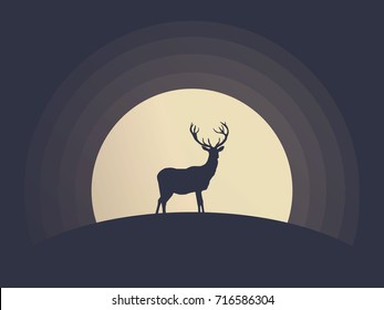 Silhouette of a deer standing on a hill. Full moon on the background. Vector illustration.