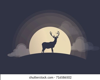 Silhouette of a deer standing on a hill. Full moon on the background. Vector illustration.