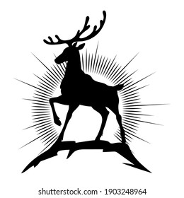 Silhouette of a deer standing on a mountain at dawn. The black image is isolated from the white background. Element for design.