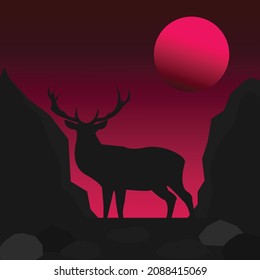 Silhouette of deer at sunset. Vector illustration. Graphic black silhouette of wild deer. Antler
