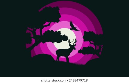 Silueta de ciervo al atardecer. Ilustración vectorial. Silueta negra gráfica de ciervo salvaje. Cornamenta
