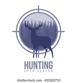 Silhouette of deer in a target with pine forest, blue and white colors background, vector illustration