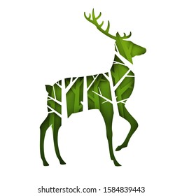 Silhouette of deer with tree branches isolated on white background in paper cut trendy craft cartoon style. Minimalistic creative modern design for branding cover, poster.  Vector illustration.