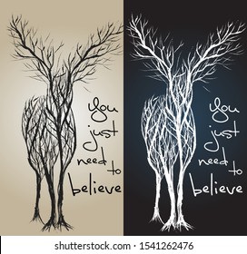 silhouette deer from tree branches vector branches sketch drawing print for clothes black and white