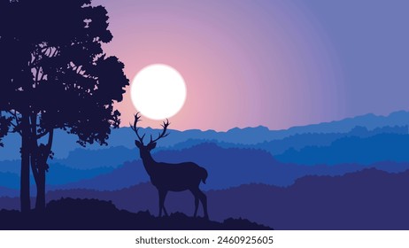 silhouette deer and tree at sunset with beautiful colors