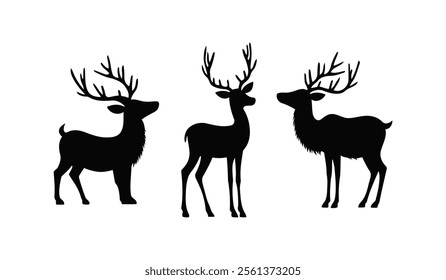 Silhouette of deer in various poses with antlers in a forest-themed vector illustration