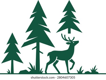 A silhouette of a deer walking among tall evergreen trees in a serene forest setting