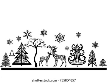Silhouette of deers and trees. Xmas decoration for window