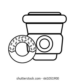 silhouette delicious donut with coffee plastic cup to eat