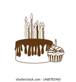 silhouette of delicious and fresh cakes on white background