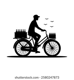 Silhouette of a Delivery Cyclist with Bottles, Perfect for Beverage Delivery, Sustainable Transportation,
 Courier Services, or Urban Logistics Concepts