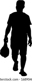 Silhouette of a delivery man carrying a plastic bag. Vector illustration.  