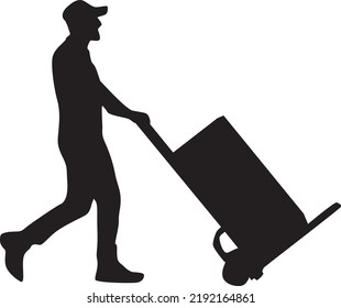 Silhouette of a delivery man pushing a cart with boxes isolated on white background