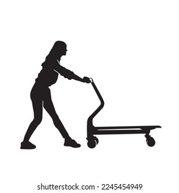 Silhouette of delivery man with trolley in isolate on a white background. Vector illustration.