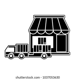 silhouette delivery store with truck transportation and packages