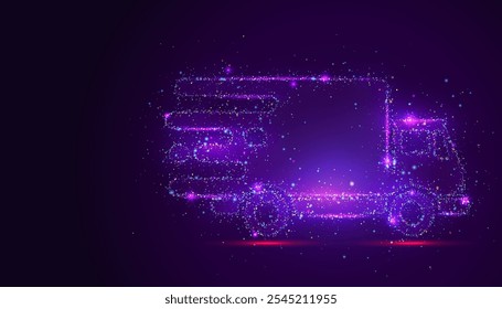 The silhouette of the delivery truck consists of glowing multicolored dots resembling stars. Bright particles form a moving car, symbolizing the speed, reliability and interconnectedness of delivery.