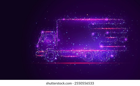 Silhueta de um caminhão de entrega feito de pontos brilhantes, multicoloridos, assemelhando-se estrelas. As partículas vibrantes formam o seu movimento, simbolizando a velocidade, a eficiência e a conectividade da logística moderna.