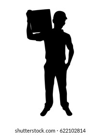 Silhouette of deliveryman carrying a box - isolated on white background