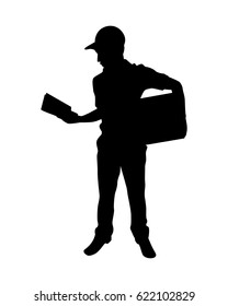 Silhouette of deliveryman carrying a box - isolated on white background
