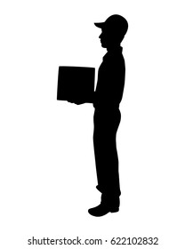 Silhouette of deliveryman carrying a box - isolated on white background