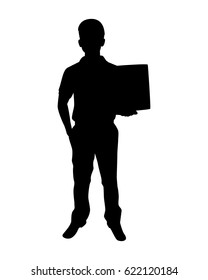 Silhouette of deliveryman carrying a box - isolated on white background