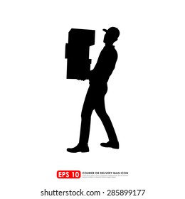 Silhouette of deliveryman carrying stack of boxes - isolated on white background 