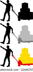 Silhouette of a deliveryman pulling a hand pallet truck full of heavy boxes, isolated against white. Vector illustration.